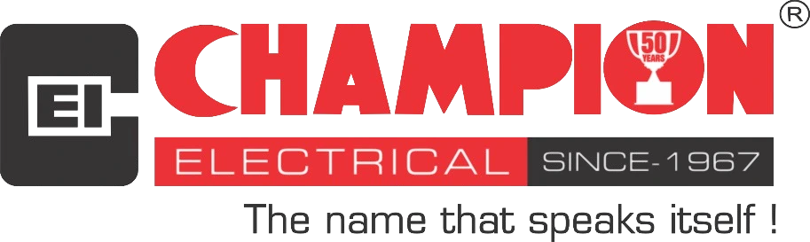 The image features the logo for Champion Electrical, with bold red text "CHAMPION" and a trophy icon inside the letter "O," along with the phrases "ELECTRICAL," "Since 1967," and the tagline "The name that speaks itself!" below the logo.