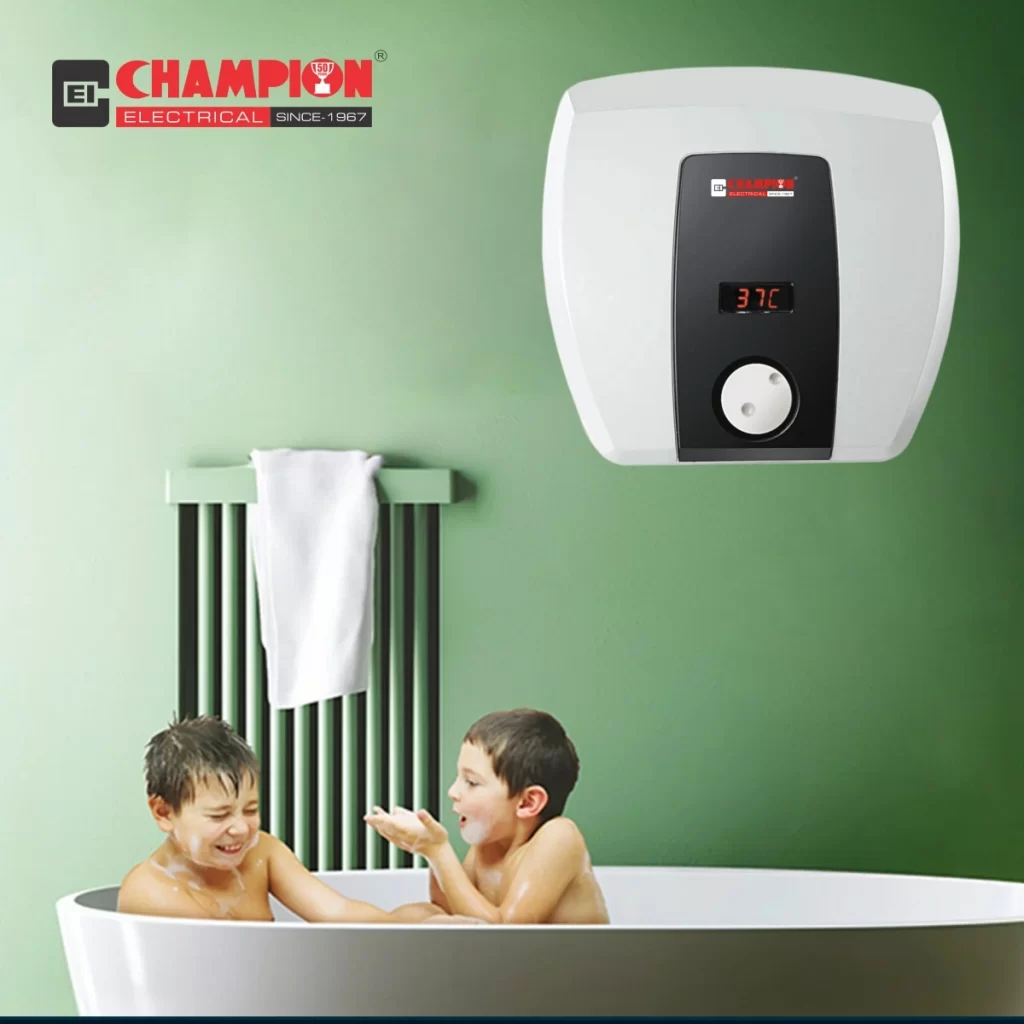 Champion Electrical geyser mounted on a green wall above a bathtub, with children enjoying a bath