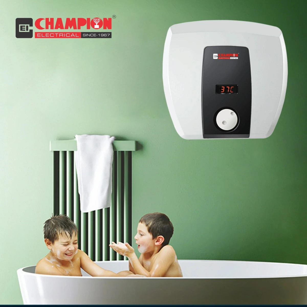 Champion Electrical geyser mounted on a green wall above a bathtub, with children enjoying a bath
