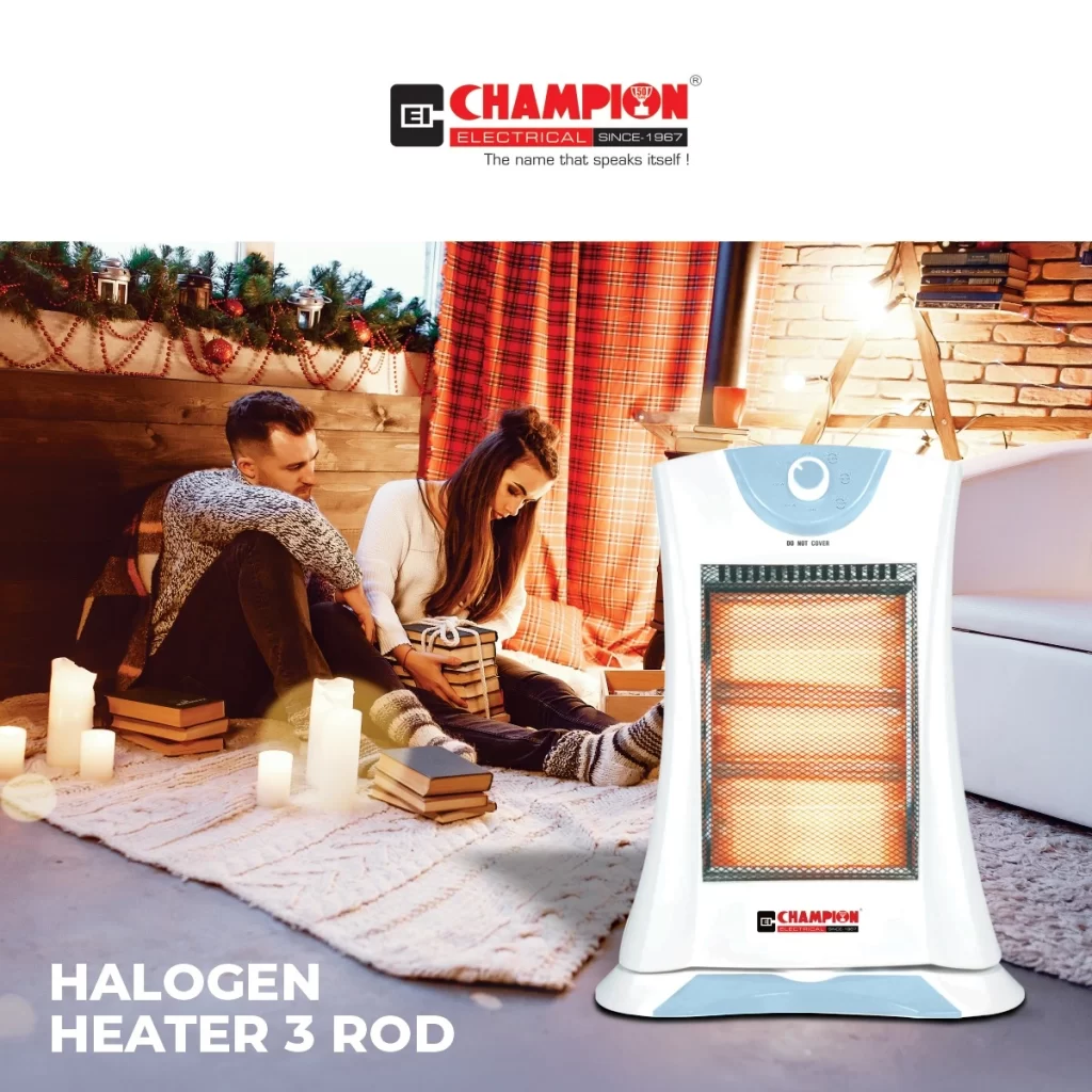 Two people relaxing by candlelight in a cozy room with a Champion Electrical heater in the foreground.