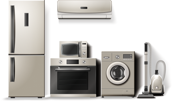 Illustration of household appliances including a refrigerator, air conditioner, microwave oven, built-in oven, washing machine, and vacuum cleaner arranged side by side against a red background.