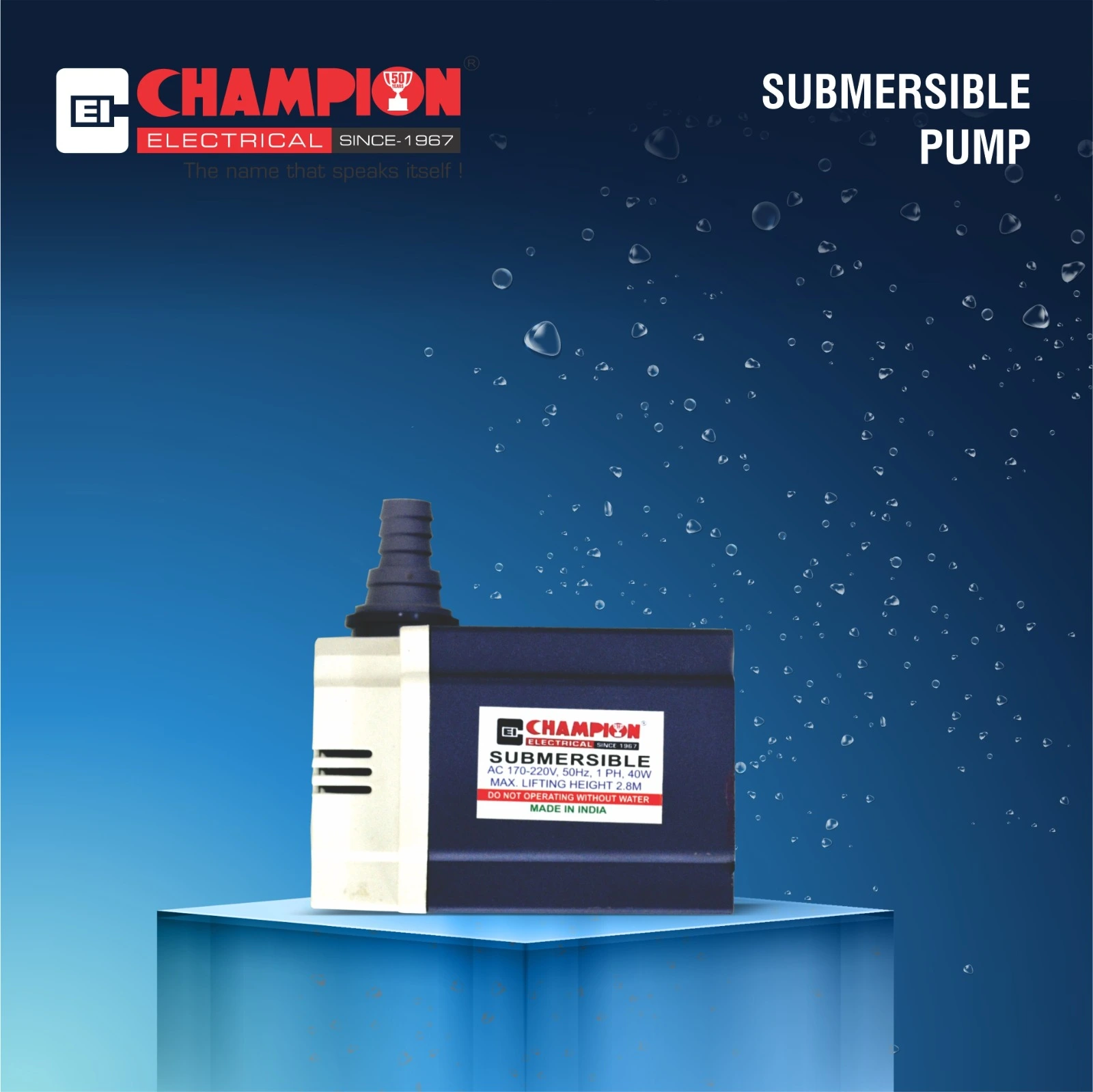 Champion Electrical submersible water pump displayed on a blue pedestal with water drops in the background.