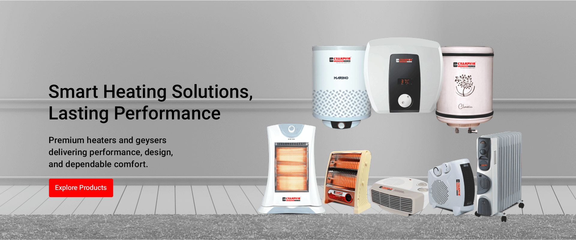 Champion Electrical premium heaters and geysers, including water heaters, oil-filled radiators, room heaters, and fan heaters, arranged against a modern interior background.