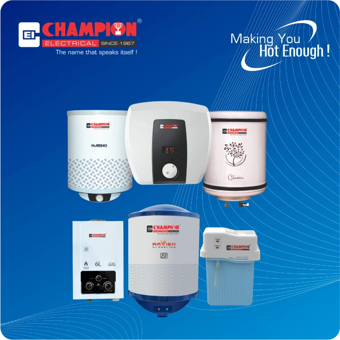 hampion Electrical brand geysers and water heaters arranged together, with slogan 'Making You Hot Enough'
