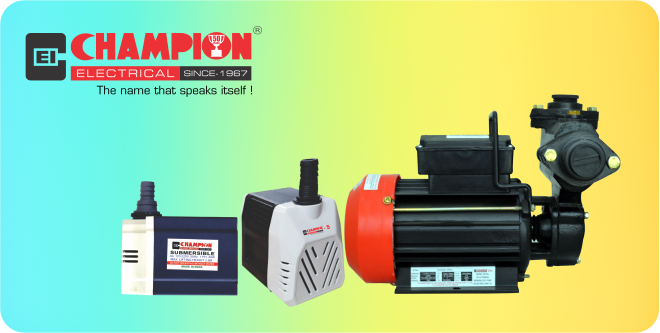 Champion Electrical water pumps and pump motors displayed side by side.