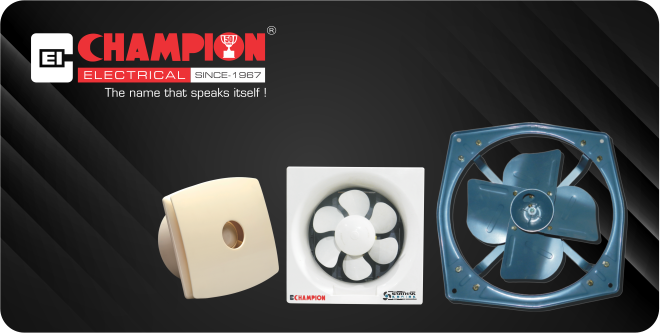 Champion Electrical exhaust fans and ventilation appliances shown together on a dark background.
