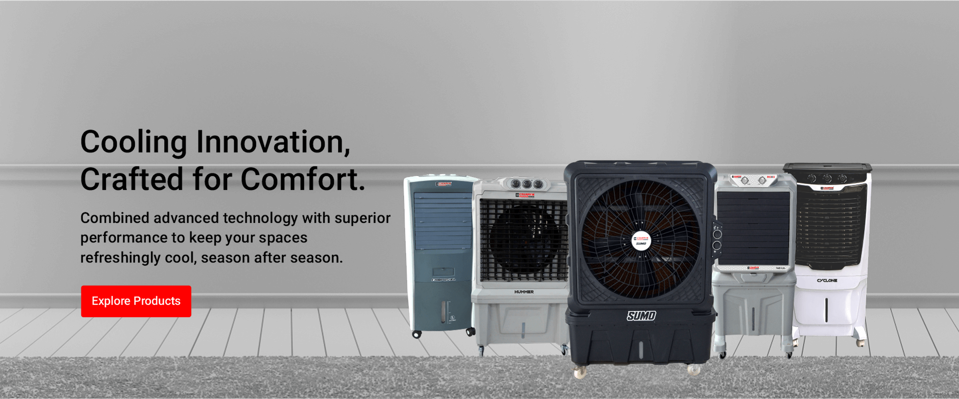 Champion Electrical air coolers of various models displayed side by side on a carpeted floor with a minimalist room background.